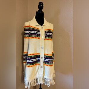 Vintage 1970s Colorful Poncho with Fringe, Festival, Green Lantern Poncho